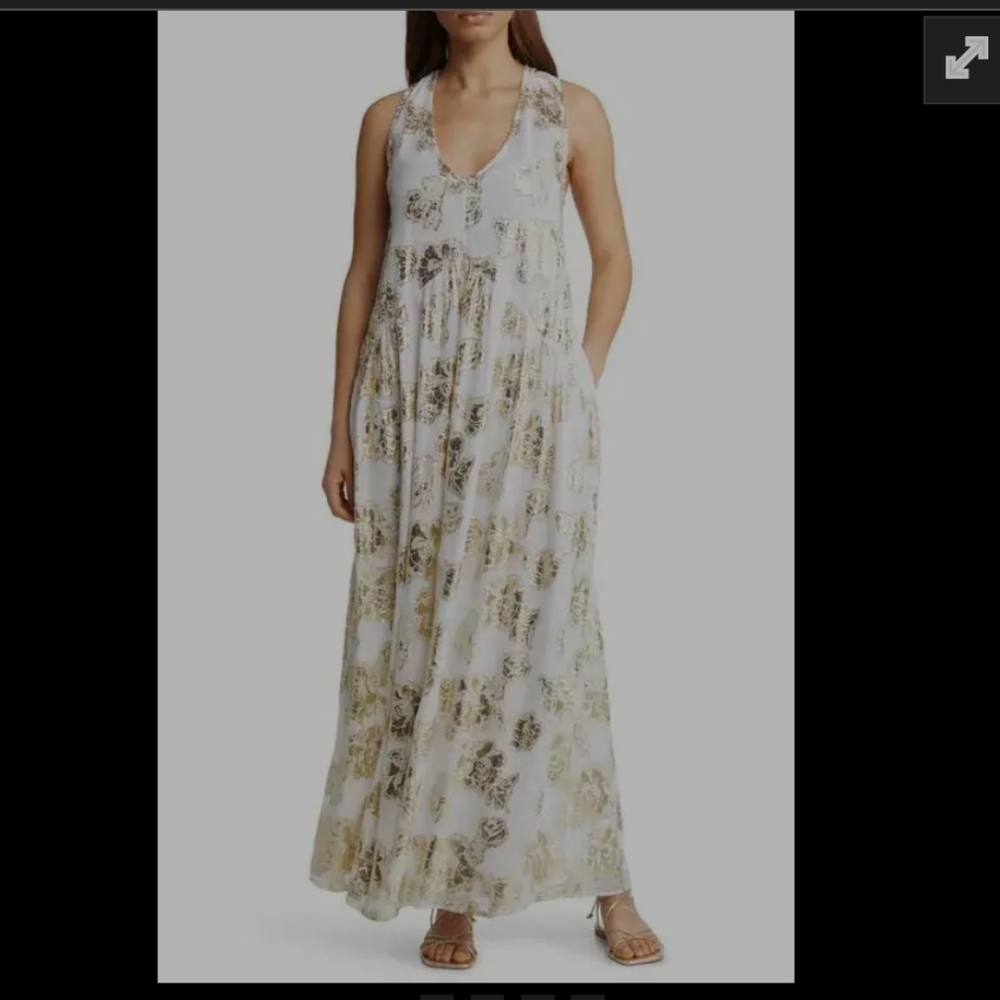 Ciebon Metallic Floral Breeze Race Back Maxi Dress Side Slit Lined Pockets Sz. L